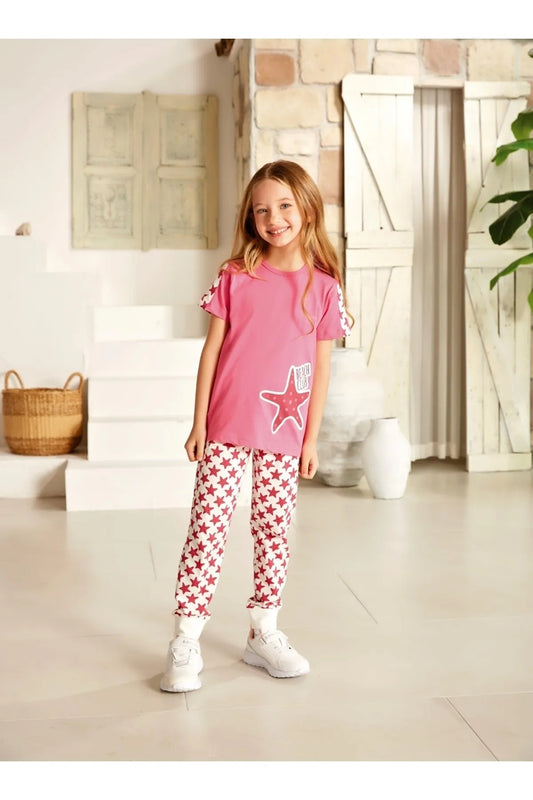 Yıldız Desenli Kız Çocuk Pijama Takımı - Pembe